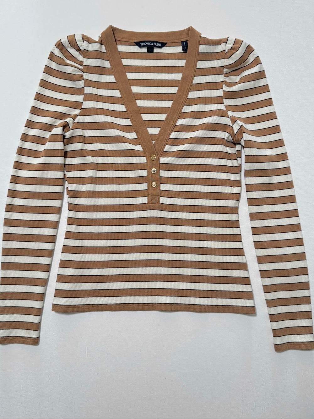 Veronica Beard Camel Cream Striped Ribbed Top Small Puff Sleeve Pima Cotton
